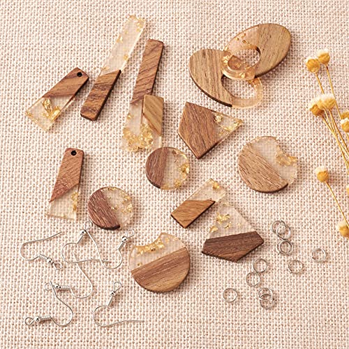 Beadthoven 60pcs Resin Wood Charms Earring Pendants Making Kit Gold Earring Charms DIY Boho Wood Blanks Rectangle Round Teardrop Geometry Resin Wooden Pieces for Jewelry Making with Earring Hooks - color: 0Gold Foil Kit