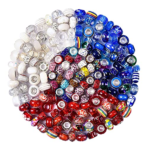 Aipridy Assortment European Large Hole Beads Spacer Beads Rhinestone Craft Beads for DIY Charms Bracelet Jewelry Making (Blue-Red-White) - color: Blue-Red-White