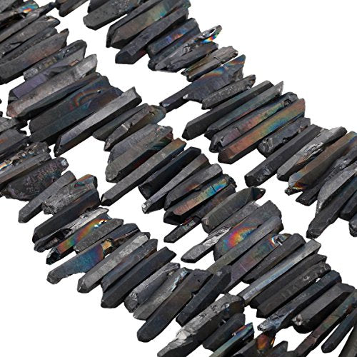 SUNYIK Black Titanium Coated Crystal Points Quartz Rough Sticks Spikes Point Beads 15 inch Strand Drilled - color: Black(Rough), size: 0.4"-1.3"