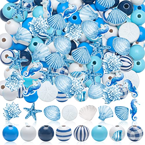 Bencailor 200 Pcs Ocean Theme Wood Beads for Crafts Colored Wooden Beads with Holes Blue Nautical Starfish Conch Seashell Round Spacer Polished for DIY Art Summer Beach Party Decor - color: Ocean Style