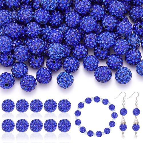 105pcs 10mm Rhinestone Beads for Jewelry Making, Dark Blue Shiny Round Disco Ball Beads Bulk, Sparkle Crystal Clay Christmas for Bracelet Baseball Necklace Earring Crafting and DIY - color: Dark Blue, size: 105 pcs