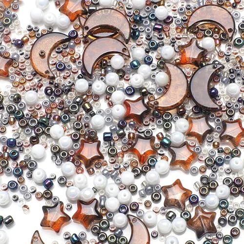 Mixed Star Moon Crystal Glass Beads Seedbeads Loose Round Pearl Beads for Jewelry Making Craft Bracelets Necklaces Earrings DIY Crafts Projects Coffee Glass Spacer Bead Kits for Crafts - color: Coffee