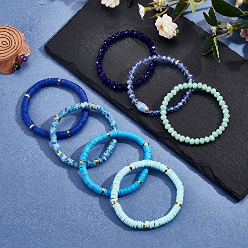 Ornaland 7Pcs Handmade Polymer Clay Heishi Surfer Stretch Bracelets Set Colorful Glass Beads Bracelets Boho Stackable Preppy Bracelets Wrist Jewelry for Women - color: Blue