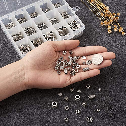 Beadthoven 300pcs 15 Style Antique Silver Large Hole Mixed Spacer Beads Tibetan Alloy Column Bicone Square Barrel Metal Spacers for Jewelry Necklace Bracelet Making - color: Antique Silver-Mixed 15 Styles