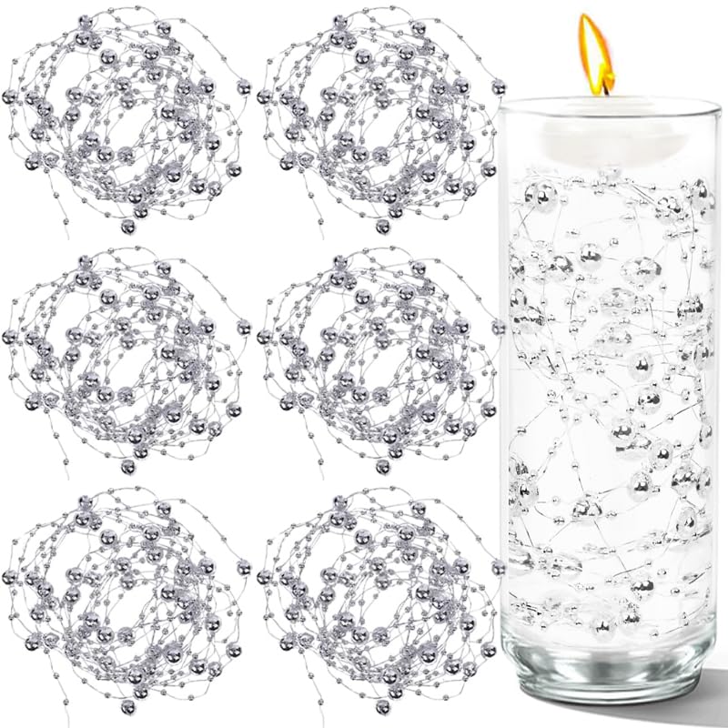 50 PCS Artificial Floating Beads for Centerpieces Vases, Silver 8+3mm String Beads for Wedding Party Faux Pearl String for Decorating, String Pearls for Crafts Vase Filler - color: Silver, size: 8+3mm(50pcs)