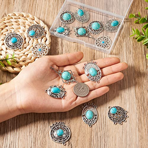 Mega Pet 16Pcs Turquoise Alloy Chandelier Components Tibetan Style Flat Round Oval with Stone Connector Charms Antique Filigree Link Charms for Women DIY Necklace Earring Jewelry Making - color: Mixed Shapes