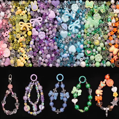 LAIDANLA 6 Color Assorted Acrylic Beads for Bracelets Random Cute Beads Aesthetic Flower Star Heart Bow Butterfly Bear Candy Mix Beads for DIY Necklace Keychain 240g - color: Pink+Yellow+Blue+Green+Purple+Orange