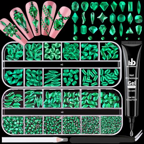 Emerald Green Glass Nail Rhinestones - 1680pcs Multi Shapes Flatback Gems + 1500pcs 1.5-4mm Round Crystal with Rhinestones Glue Gel for Nail Art - color: Emerald Green with Glue