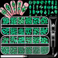 Emerald Green Glass Nail Rhinestones - 1680pcs Multi Shapes Flatback Gems + 1500pcs 1.5-4mm Round Crystal with Rhinestones Glue Gel for Nail Art - color: Emerald Green with Glue