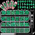 Emerald Green Glass Nail Rhinestones - 1680pcs Multi Shapes Flatback Gems + 1500pcs 1.5-4mm Round Crystal with Rhinestones Glue Gel for Nail Art - color: Emerald Green with Glue