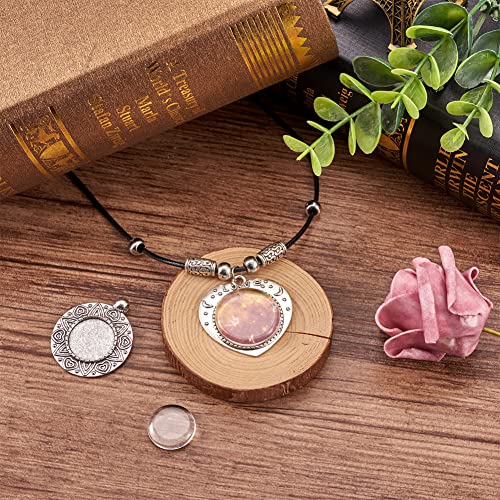 FASHEWELRY 6 Sets Tibetan Style Round Bezel Pendant Trays with Clear Glass Cabochon Dome Tiles for Photo Pendant Craft Jewelry Making - color: Heart & Flat Round
