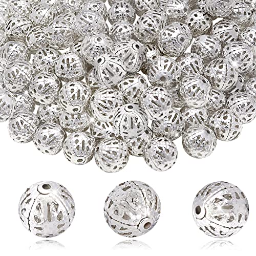 TOAOB 100pcs 10mm Silver Plated Filigree Hollow Ball Beads Round Metal Loose Spacer Beads for DIY Crafts Bracelets Necklaces Earrings Jewelry Making - color: Silver, size: 10mm