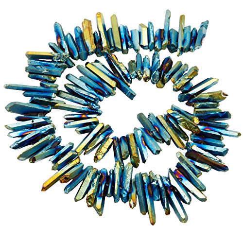 SUNYIK Blue/Gold Titanium Coated Crystal Points Quartz Rough Sticks Spikes Point Beads 15 inch Strand Drilled - color: Blue/Gold(Rough), size: 0.4"-1.3"
