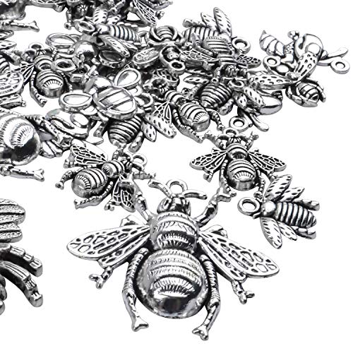 100g (30-60pcs) Antique Silver Mixed Honey Bee Charm Pendants Alloy Bee Pendant Flying Insect Charms Craft Supplies for DIY Necklace Bracelet Jewelry Making - style: Silver Bee Charms