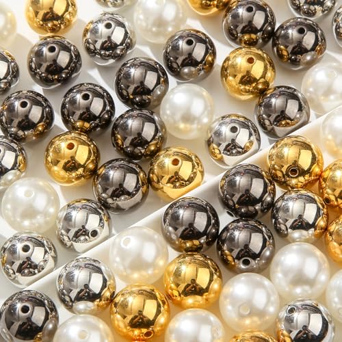 160pcs Chunk Bubblegum Beads 20mm Pearl Beadable Bead Pen Ball Beads for Pen Bag Jewelry Making Necklace Bracelets (White&Golden&Silver) - color: white&golden&silver