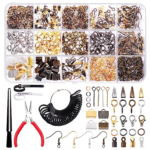 Swpeet 1466 Pcs Jewelry Supplies Kit with Tools, 40 Styles Findings, Pliers and Ring Sizer, Jump Rings for Bracket Necklace Making - size: 9a