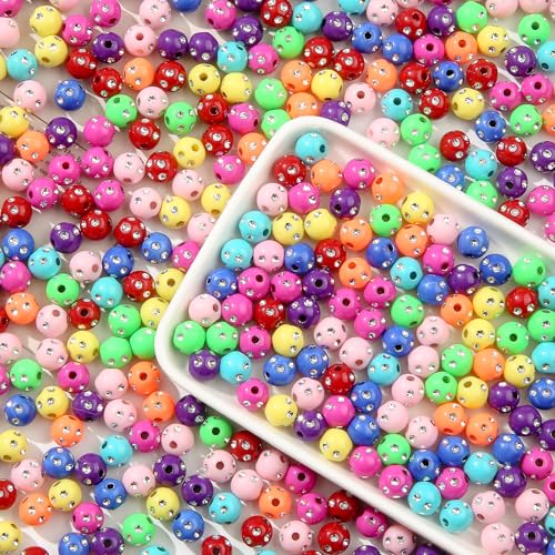 8mm Acrylic Beads 600pcs Rhinestone Spacer Bubble Bead Plastic Crafts Bead for DIY Necklaces Bracelets Earrings Jewelry Making (Rhinestone) - color: blue&red&pink