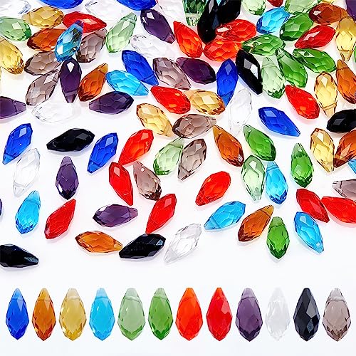 AHANDMAKER 100 Pcs Faceted Teardrop Glass Beads, 10 Colors Transparent Waterdrop Crystal Glass Beads Top Drilled Drop Spacer Beads for DIY Craft Jewelry Necklace Bracelet Earring Making, Hole: 1mm - color: 10 Colors Teardrop