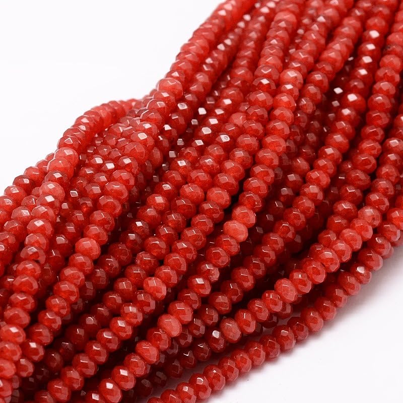 115pcs Natural Jade Disk Stone Beads 4x2mm Rondelle Faceted Dyed Stone Loose Spacer Beads for Jewelry Making Design Bracelet Necklace Keychain Phone Chain Lanyard Ornament, Red - color: Red