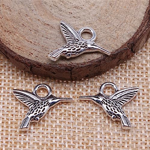 50PCS Small Hummingbird Charms Alloy Mini Hummingbird Charms 3D Animal Alloy Hummingbird Enamel Pendants for Earring Necklace Bracelet Keychain Jewelry Craft Making - color: Antique silver