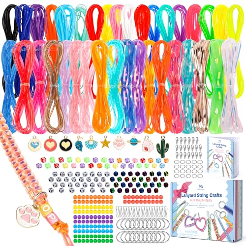 PP OPOUNT Gimp String Craft Kit, 318 PCS Lanyard String Kit with Beads, Pendants & Keychain Accessories, DIY Bracelet Making Kit for Friends, Christmas Gift & Holiday Craft Set - size: 354 Feet