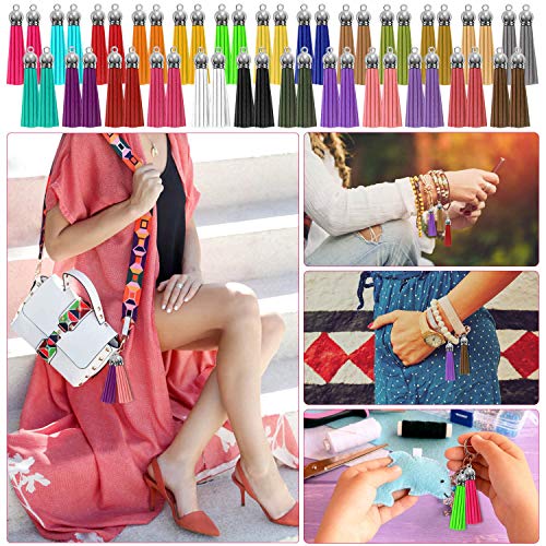 Paxcoo Tassels for Jewelry Making, 50pcs Leather Tassel Keychain Charms Bulk with 50pcs Jump Rings for Jewelry Making, Bracelets, Acrylic Key Chain Blanks and Craft Supplies - size: 55 mm