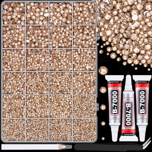 25000Pcs Resin Rhinestones with Tweezers for Crafting, Champagne 2-6mm Mixed Sizes Bedazzling Crystal with 3Pcs 10ml B7000 Jewelry Glue for DIY Crafts Clothing Tumblers Shoes Fabric Nail Art - color: Champagne, size: Large Pack + 3Pcs Glue