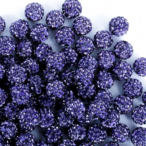 10mm Clay Rhinestone Beads for Bracelets, 100 Pcs Sparkle Crystal Beads for Jewelry Making, Glitter Round Shamballa Disco Ball Design for DIY Crafts Necklace Earrings Decoration (Purple) - color: Purple