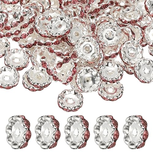 PATIKIL 12mm Wavy Rhinestone Spacer Beads, 100Pack Loose Jewelry Making Spacers Beadable Rondelle Diamond Beads DIY Bracelets Pen Silver Plated for Craft Supplies Decor, Light Pink - color: Light Pink