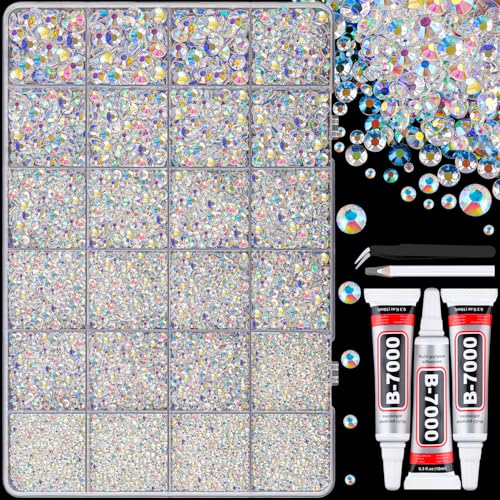 30000Pcs Resin Jelly Rhinestones with Tweezers for Bedazzling, Transparent AB Flatback Gems, Crystal with 3Pcs 10ml B7000 Jewelry Glue for Crafting Clothing Tumblers Shoes Fabric Nail Art Makeup - color: Transparent AB, size: Large Pack + 3Pcs Glue