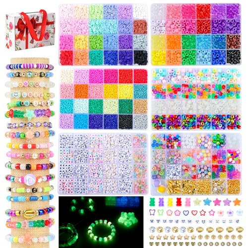SJZWSD Friendship Bracelet Making Kit– 6 Boxes of Pony, Seed, Clay & Letter Beads, UV Glow in The Dark Beads, Tools & Charms – Jewelry Craft Kit for Kids & Adults - color: GlowMuse