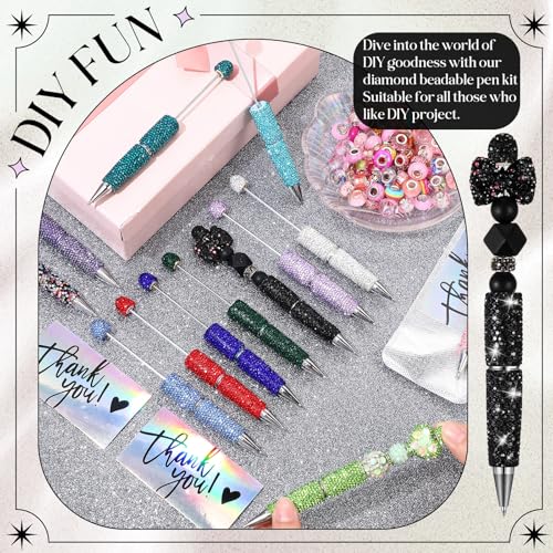 Tondiamo 45 Pcs Full Rhinestone Beadable Pens Bulk Set 15 Glitter Diamond Pens with Cards & Bags Fancy Beaded Pen for Beads DIY Cute Journalling Bling Ballpoint Craft Making(Full Diamond) - style: Full Diamond