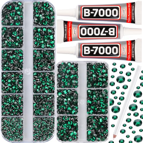 b7000 Adhesive Glue for 7500Pcs Emerald Green Rhinestones for Crafts Clothing Clothes, Dark Green Flatback Gems Diamonds for Fabric Football, Half Flat Back Crystals 2mm 3mm 4mm 5mm Mixed - color: Green 2-5mm, size: Small Pack + 3pcs Glue