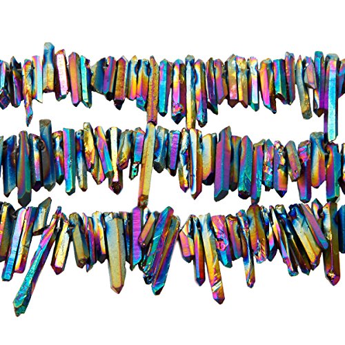 SUNYIK Rainbow Titanium Coated Crystal Points Quartz Rough Sticks Spikes Point Beads 15 inch Strand Drilled - color: #2-Rainbow(Rough), size: 0.4"-1.3"