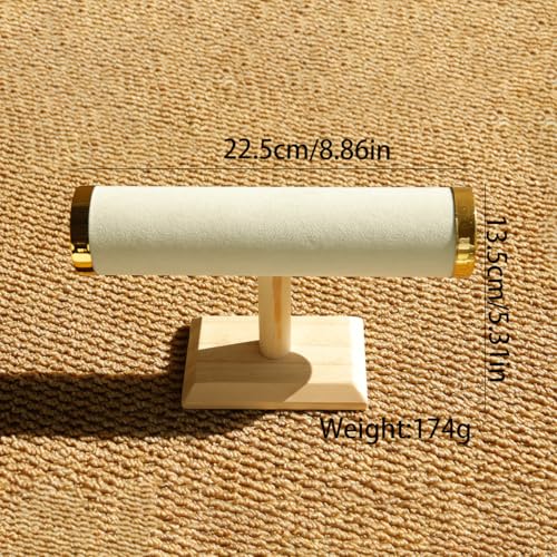 Jewelry Display Stand for Bracelet Bangle Watch, T Bar Jewelry Holder with Velvet Covered Bar and Wood Base for Countertop Organizer and Display - color: Round Suede Beige