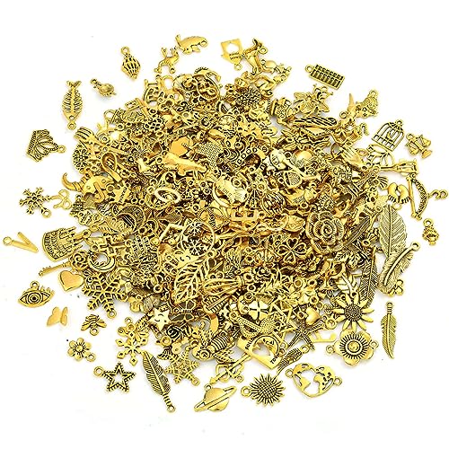 400 Pcs Wholesale Bulk Lots Jewelry Making Charms - Tiny Assorted Mixed Tibetan Anti-gold Metal Charms for Necklace, Bracelet Making - color: Antique Gold