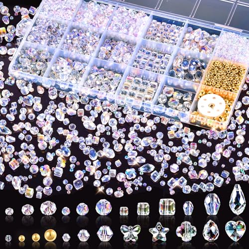 Zefy 2000+ Pcs Crystal Glass Beads for Jewelry Making, 24 Styles 3-15mm Assorted Faceted Craft Bead Kit for DIY Bracelet Necklace Earring Suncatcher (Clear AB Color) - color: Clea AB Color