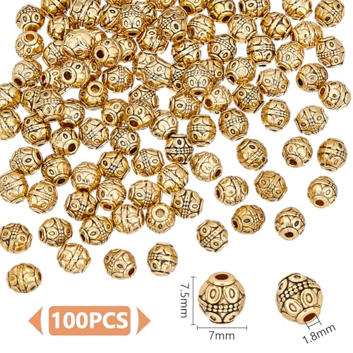 UNICRAFTALE About 100Pcs Tibetan Barrel Beads 7mm Antique Gold Beads Rondelle Spacer Beads with Large Hole Beading Bracelet Making Beads for Bracelet Jewelry Making Accessories Hole 1.8mm