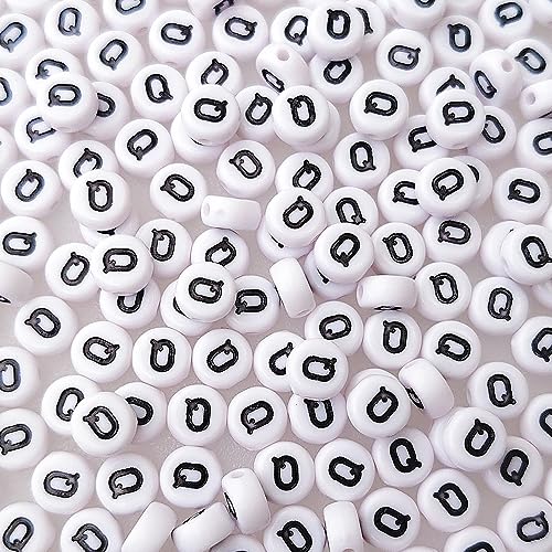 200+ Pieces 4x7mm Single Q Letter Beads for Jewelry Making, White Round Acrylic Bulk Alphabet (Black on White) - size: Single letter Q 200+ Pcs