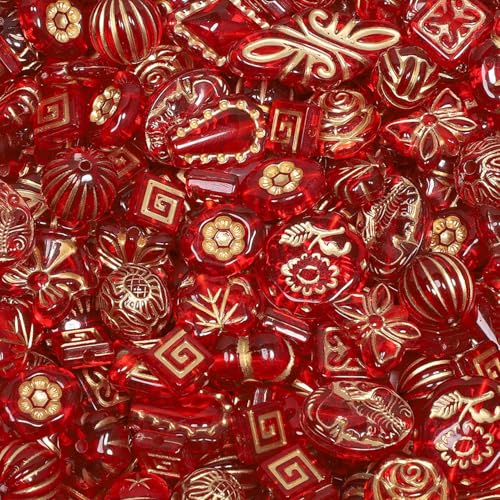 7.5 OZ Assorted Vintage Acrylic Beads for Jewelry Making, Song Xi Unique Flower Rose Czech Beads for Bracelet Earrings, Bohemia Style, Bulk, Arts and Crafts, DIY Holiday Gift (240-260 PCS, Red) - color: Red