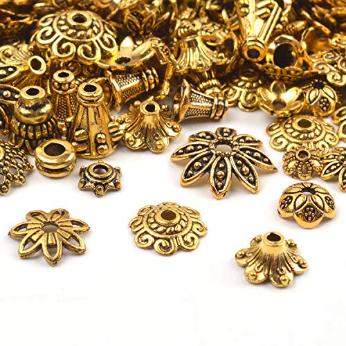 BronaGrand 100 Gram(About 250-350pcs) Bali Style Jewelry Making Metal Bead Caps Deluxe New Mix,Antique Gold - color: Antique Gold