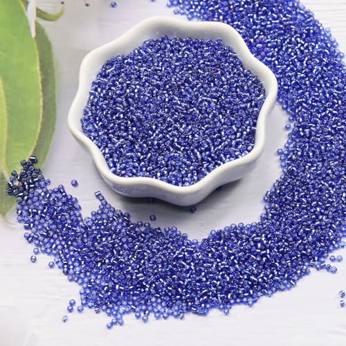 Transparent Dark Blue with Silver Lined Beads Size 12/0 Crafts Glass Seed Beads 2mm for Jewelry Making (Total About 100g About 11000pcs) - color: Transparent Dark Blue with Silver Lined, size: 2mm