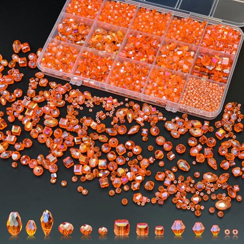 1500 Pcs Crystal Glass Beads for Jewelry Making – 12 Styles Bicone, Rondelle, Cube, Teardrop & 3mm Spacer Beads, DIY Bracelet Necklace Earring Craft Kit Random Colors(Orange) - color: Orange
