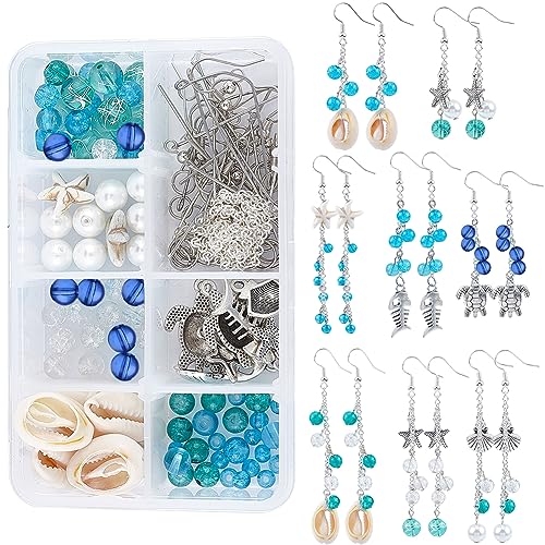 SUNNYCLUE 1 Box DIY 8 Pairs Ocean Theme Earring Making Kits Starfish Shell Sea Turtle Charms Pendants Cowrie Shell & Glass & Synthetical Turquoise Beads for Handmade Earrings Beginner - color: Golden Ocean Earrings