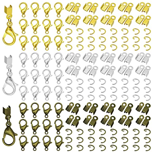 750pcs Fold Over Cord Ends Kit for Jewelry Making,Jewelry Making Accessories Set Includes 150pcs Lobster Claw Clasps 300pcs Open Jump Rings 300pcs Cord Clamp Ends Crimp for DIY Bracelets(3 Colors) - color: Gold,Silver,Ancient Cyan