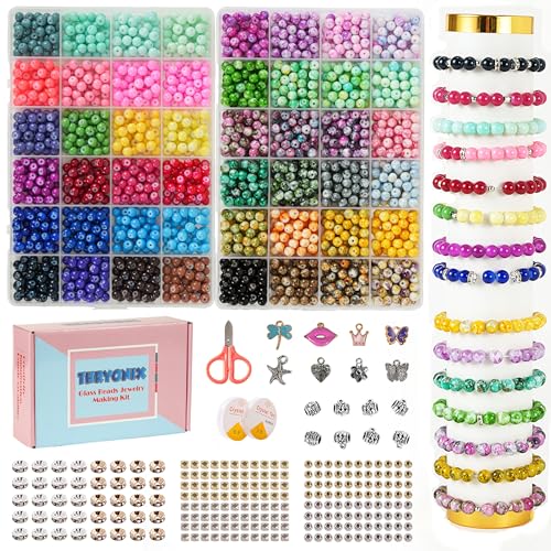 Glass Beads, 1300pcs 48 Colors 8mm Round Crafts Beads for Bracelet Jewelry Making, Beadwork,Craft Supplies for Gifts & DIY Projects - color: (Solid+ Patterned)-8mm