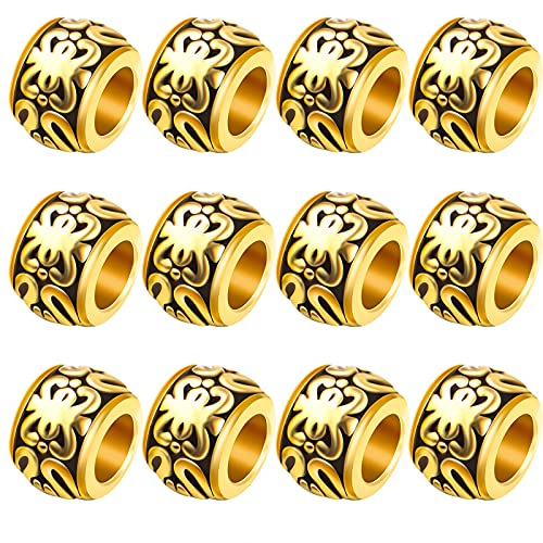 BronaGrand 100pcs Antique Gold Large Hole Spacer Beads Tibetan Alloy Column Barrel Beads with Nice Patterns Loose Charm Beads for European Charm Snake Chain Bracelet Jewelry Making - color: Gold