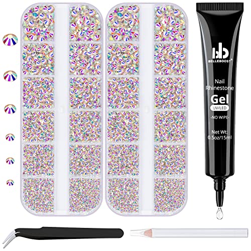 BELLEBOOST Nail Art Rhinestone Glue Gel&2 Boxes Flatback Gems Kit, 1 Tube of 15ml Rhinestone Gel Glue(UV/LED Needed)+Crystal AB Gems with Pickup Tools - color: A05-AB+ AB