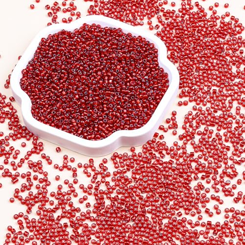 8/0 Glass Seed Beads Bulk, Deep Red with Silver 3mm Tiny Round Craft Seed Bead, Small Mini Pony Beads for Jewelry Making Bracelet Necklace Wrist Beading Weaving Supplies, 2500pcs - color: Deep Red with Silver