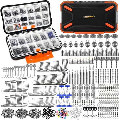 PLUSINNO 264/397pcs Fishing Accessories Kit, Organized Fishing Tackle Box with Tackle Included, Fishing Hooks, Fishing Weights Sinkers, Swivels, Beads, Fishing Gear Set Equipment for Bass Trout - color: 397pcs Fishing Accessories Kit
